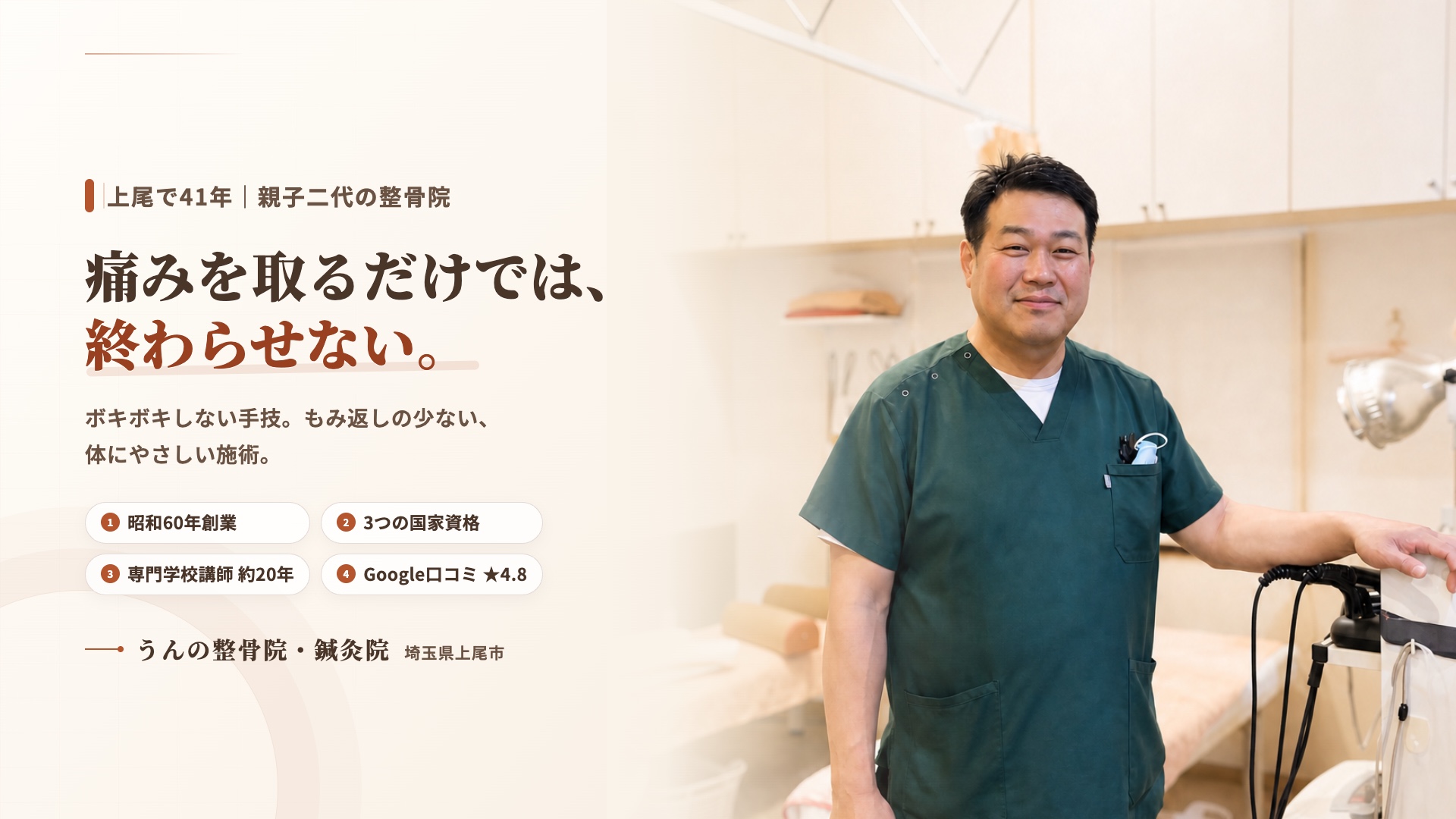 痛みを取るだけでは、終わらせない。上尾で41年・親子二代の整骨院、うんの整骨院・鍼灸院。笑顔の市村院長
