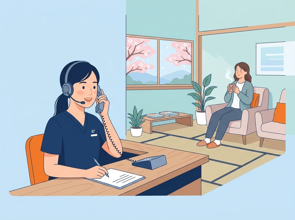 保険会社への連絡を代行するスタッフと、安心して待つ患者